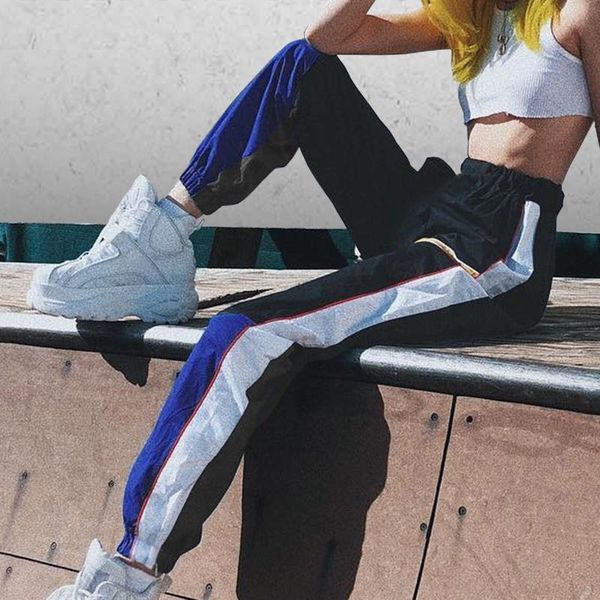 

women's pants & capris summer women splice cargo contrast color high waist loose trousers streetwear sports for, Black;white