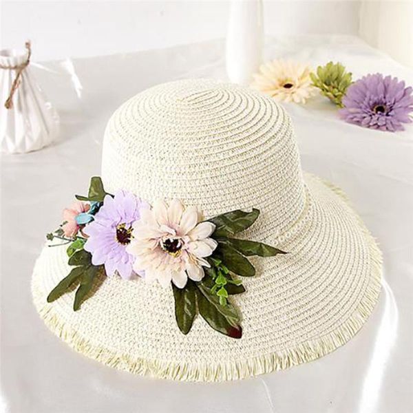 

imixlot est handmade flower straw hat women summer vacation wreath fisherman seaside tassel visor tide wide brim hats, Blue;gray