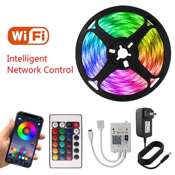 

strips 5m 16.4ft tuya wifi led strip 12v alexa bluetooth control rgb 2835 tape ribbon neon light for room with remote&power plug
