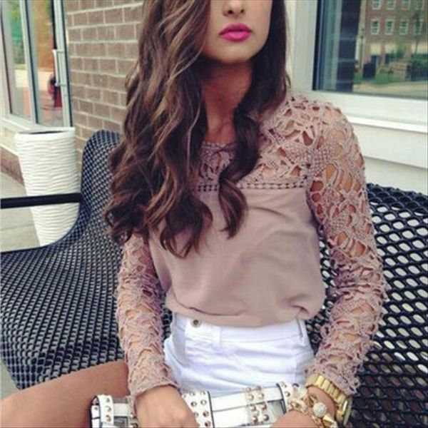 

long sleeve lace floral womens blouses hollow out casual loose chiffon blusas femininas, White