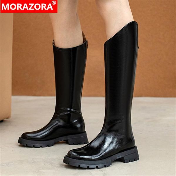 

boots morazora 2022 genuine leather women riding zip thick bottom simple fashion shoes knee high, Black