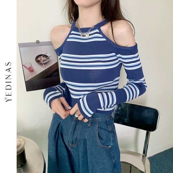

yedinas off shoulder striped blouse women long sleeve korean style chic spring autumn lady blue shirts fashion 210527, White