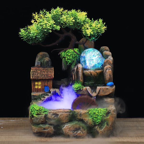 Harz Handwerk Feng Shui Brunnen Home Office Dekor Innenwasserbrunnen Steingarten Landschaft Ornament Zen Meditation Wasserfall Geschenk 210318