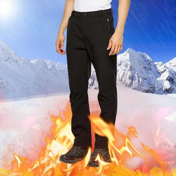 

winter male stretch warm thick women pant fleece lining trousers windproof waterproof softshell for men am366, Black