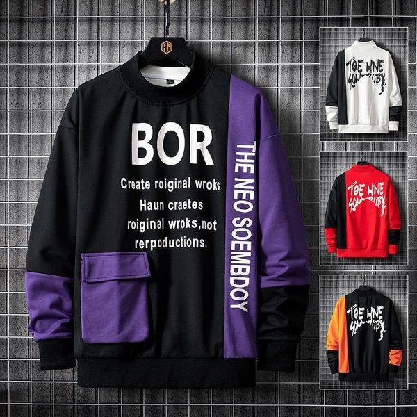 

men's hoodies & sweatshirts casual sweatshirt men 2021 streetwear letter printing mens patchwork male o-neck pullover tracksuit, Black