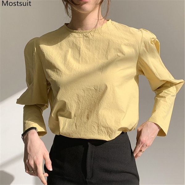 

spring autumn elegant women long puff sleeve solid loose blouse and shirt korean office lady simple all-match 210513, White