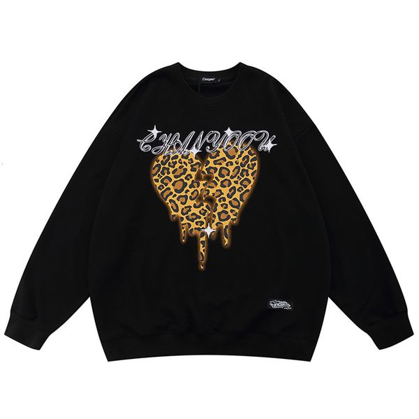 

sweatshirts leopard love print hoodless sweater mens loose round neck t-shirt street fashion brand pullover hoodie, Black