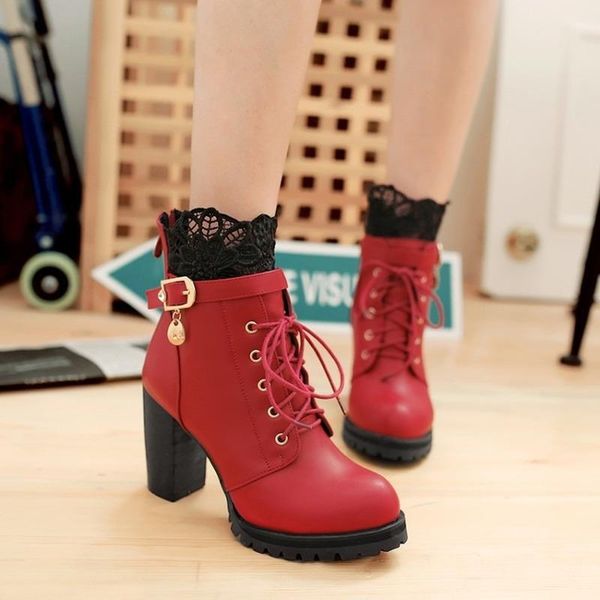 

boots autumn winter large size women's round toe short tube thick-soled high-heeled all-match ankle boot lace-up buckle, Black
