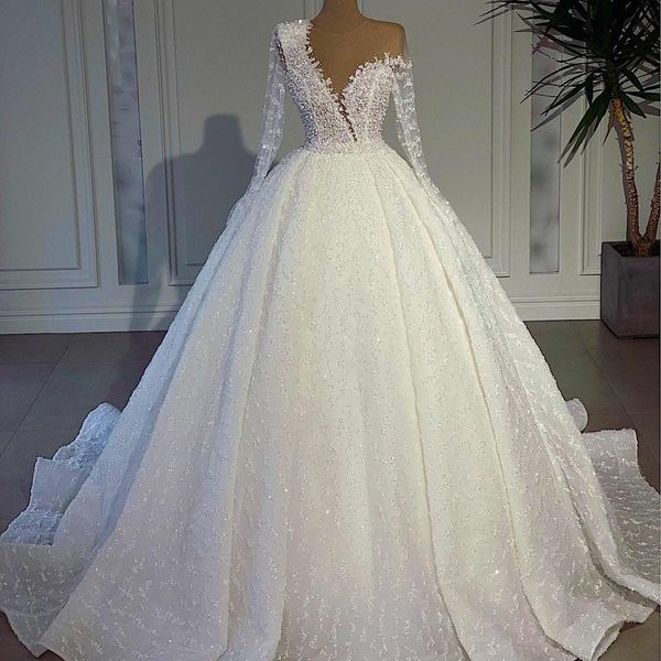 Дубайское бальное платье Свадебные платья 2021 Свадебные платья с бисером и кристаллами Плюс Размер Кружева Аппликация Невесты Брачное платье vestido de novia