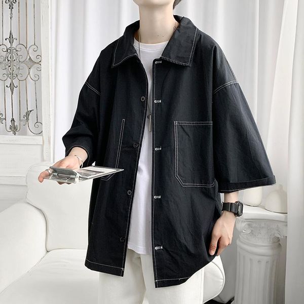

men's casual shirts summer black white shirt fashion pocket men korean loose short-sleeved mens dress -2xl, White;black