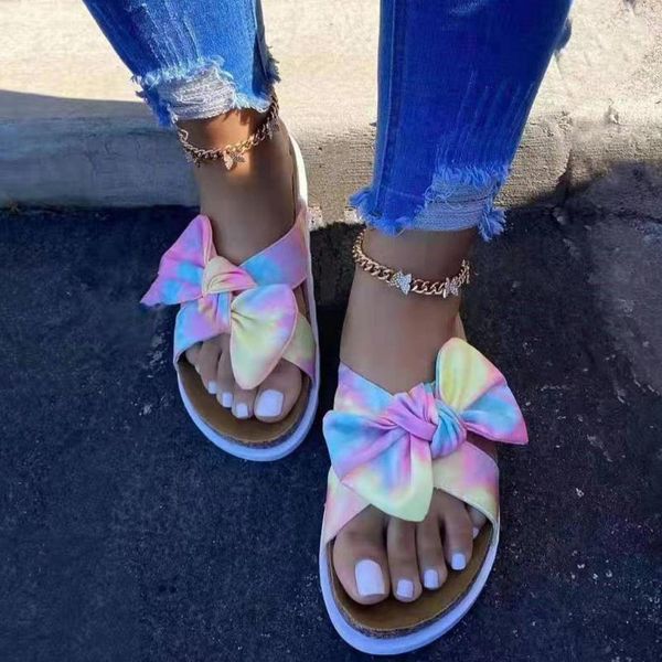 

women slippers leopard rainbow color lovely bow tie open round toe flats beach slides 2021 summer, Black