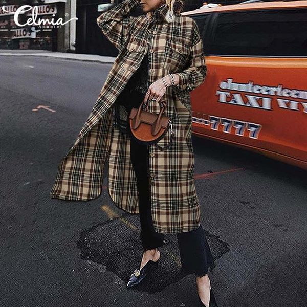 

blouses celmia stylish shirts women long sleeve vintage plaid blouses casual work tunic loose buttons party blusas femininas, White