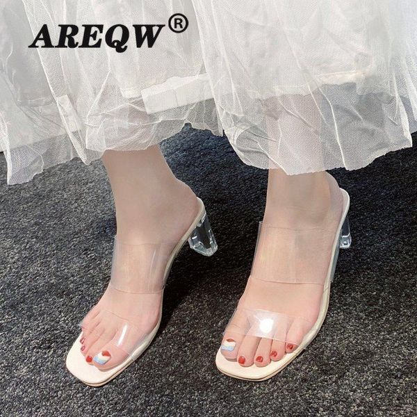 

pvc transparent open toe slippers women square heel crystal sandals summer candy colors thick, Black