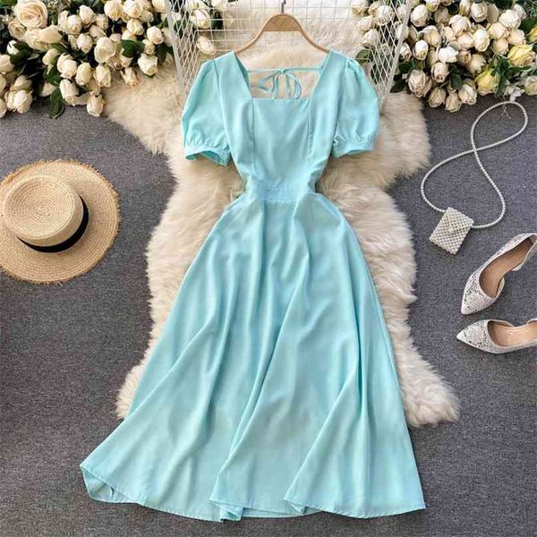 

women fashion retro a-line casual dress square collar short sleeve slim solid coloe elegant clothes vintage vestidos r450 210527, Black;gray