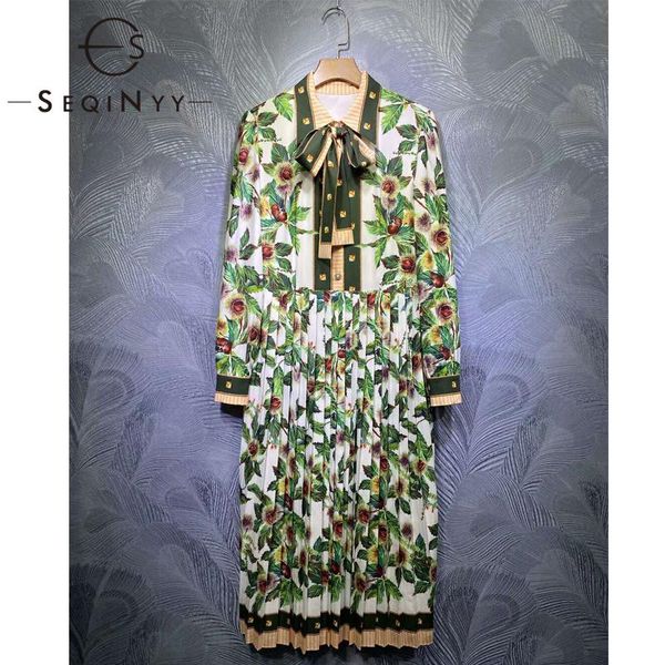 

casual dresses seqinyy sicily style dress 2021 spring autumn fashion design women bow vintage print chestnut knee pleated, Black;gray