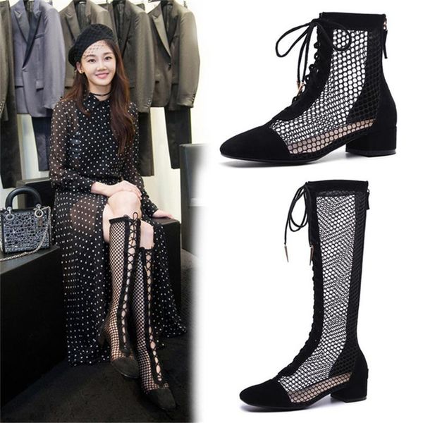 

boots women's 2021 summer hollow mesh sandals black thick with straps roman high long breathable