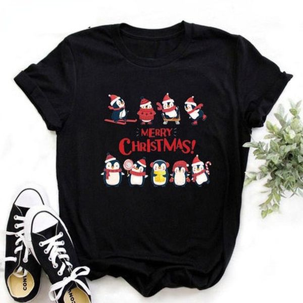 

merry christmas women's black t-shirt cute happy penguin print short sleeve o neck fashion clothes, White