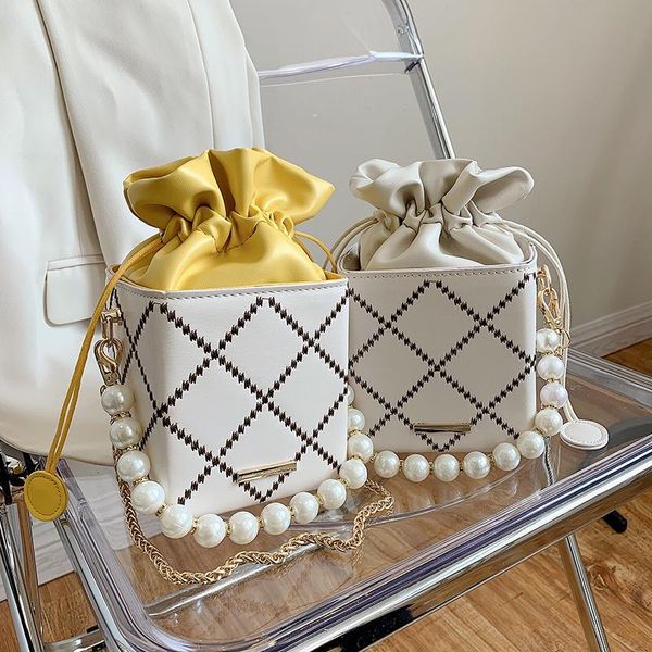 

cross body lattice embroidery thread pearl beaded mini pu leather crossbody bucket bags for women 2021 female trending shoulder handbags