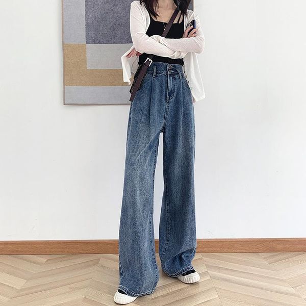 

women's jeans cgc 2021 autumn woman high waist vintage loose straight denim pants female wide leg baggy trousers women streetwear, Blue