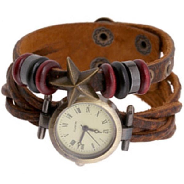 

wristwatches star style leather bracelet watch retro woven litchi grain luxury watches for women, Slivery;brown