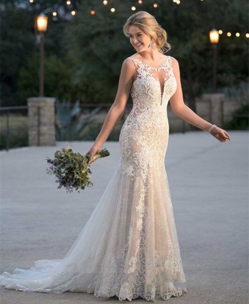 

2022 summer backless mermaid lace wedding dresses bridal gowns appliqued illusion crew neck sleeveless long boho beach bride dress custom ma, White