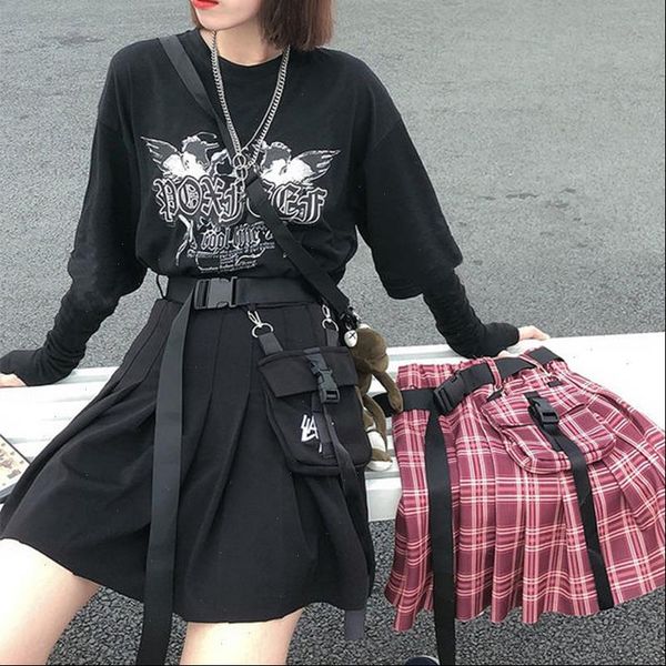 

mini faldas harajuku summer plaid womens skirts pleated high waist student anti glare a line short, Black