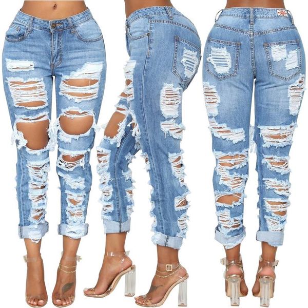 

women's jeans wepbel women denim pants trousers high waist hole vintage button zipper summer fashion pockets, Blue