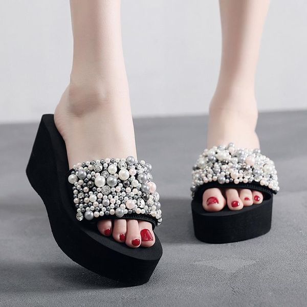 

slippers pearls women sandals torridity sandal shoes bohemia crystal female outdoor non-slip beach zapatos de mujer, Black