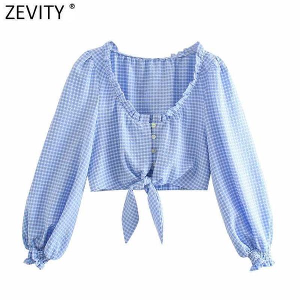 

zevity women sweet agaric lace plaid print hem knotted short shirt female lantern sleeve blouse roupas chic crop ls9345 210603, White