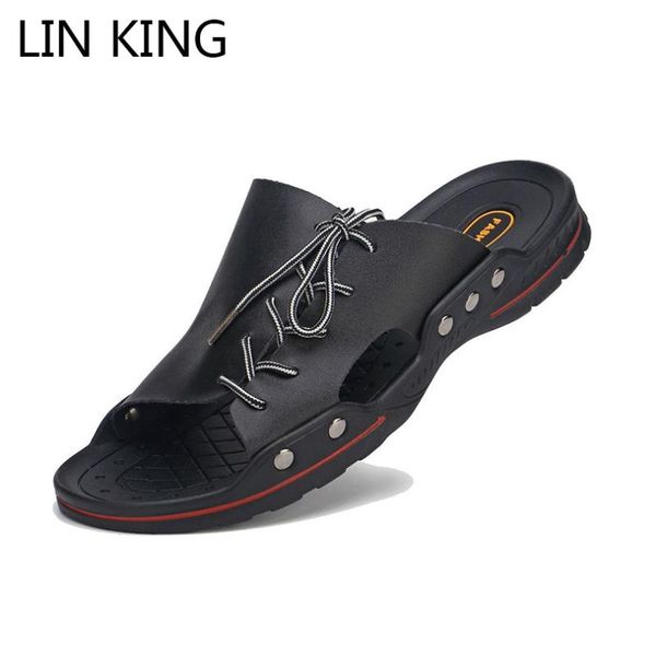 

slippers lin king summer big size leather men non-slip cool flip-flops breathable thick sole beach open toe slides, Black