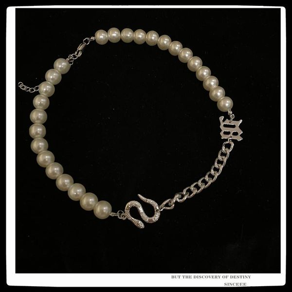 

chains sexmara 2021 punk hip hop pearl serpentine letter clavicle chain personality necklace for women couples girls party jewelry, Silver