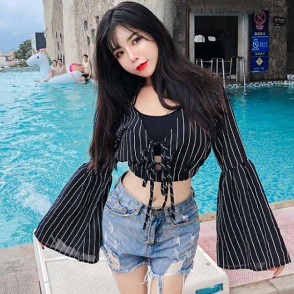 

women's blouses women blouse striped shirt v neck long elegant flare sleeves print short ladies summer brand casual & shirts, White