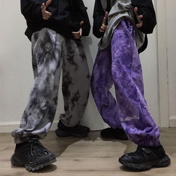

trousers elastic waistband loose women capri harem embroidery tie dye contrast jogger pant man streetwear korean harajuku punk hip hop, Black;white