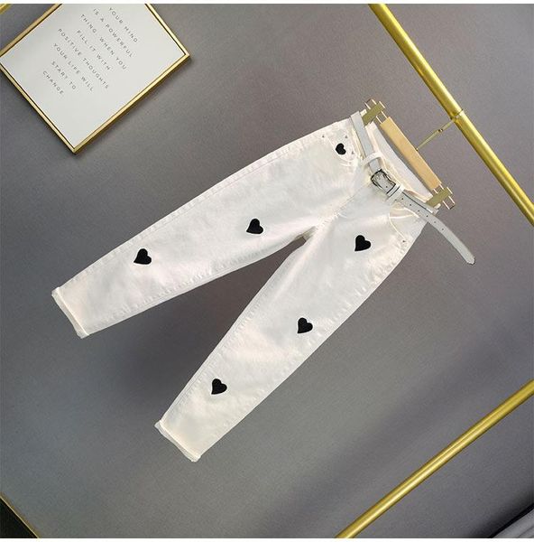 

women's jeans white cotton stretch for women 2021 spring/summer trousers high waist slimming love cropped embroidered pants, Blue