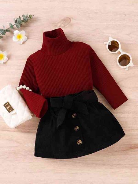 

baby ribbed knit tee & paperbag waist belted skirt she, White