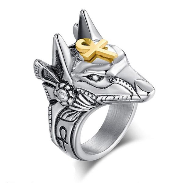 

cluster rings stainless steel egypt cross anubis god finger for men women punk wolf head knuckle ring statement retro jewelry, Golden;silver