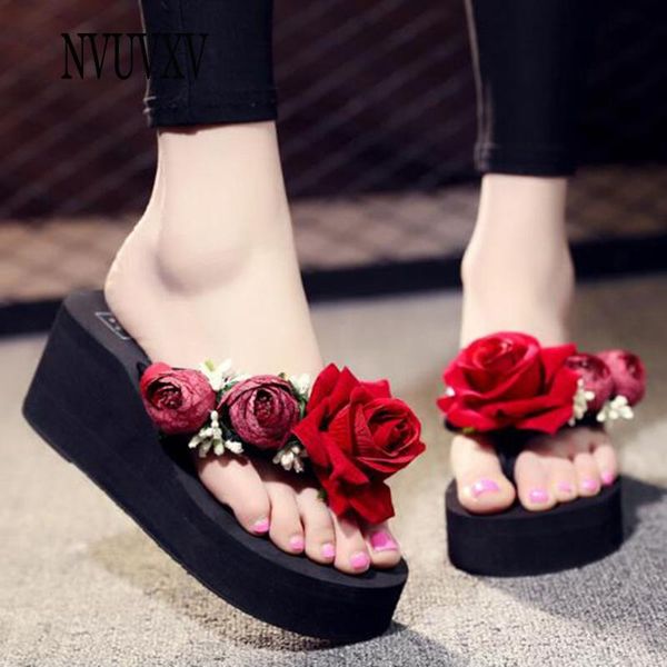 

slippers women's flip-flops summer casual handmade flowers shoes fashion wedges red rose beach sh617, Black