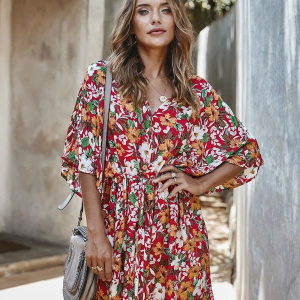 

modern v-neck floral print ladiea frocks elegant empire three quarter sleeve loose vestido casual bow drawstring bandage dresses, Black;gray