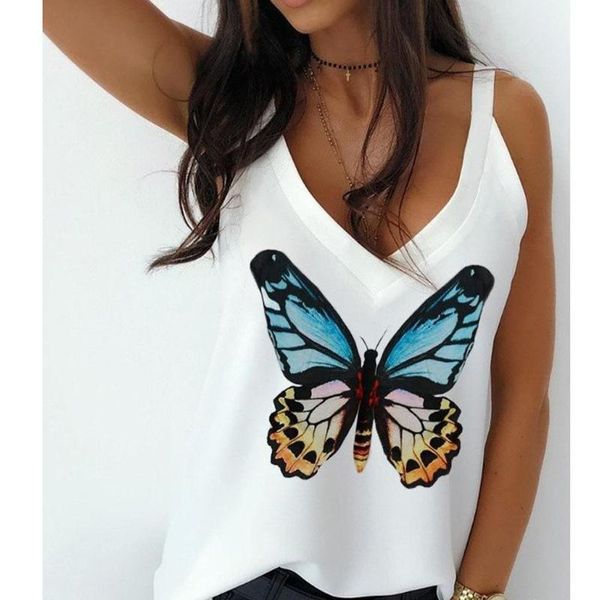 

women's t-shirt 2021 backless deep v-neck women t-shirts blue butterfly loose femme summer beach outwear 2xl plus size sleeveless g, White