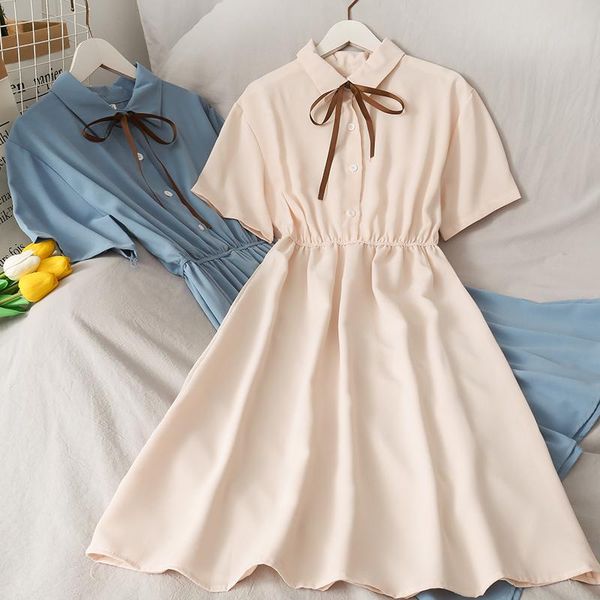 

casual dresses dress women chiffon bow solid high waist turn-down collar preppy style kawaii ulzzang temperament girls summer holiday, Black;gray