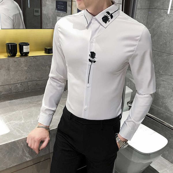 

plus size shirts for men fashion clothes streetwear flower embroidery long sleeve shirt all match blouse homme 4xl 210809, White;black