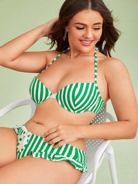 

plus striped ruffle underwire lingerie set m1y4#, Black;white