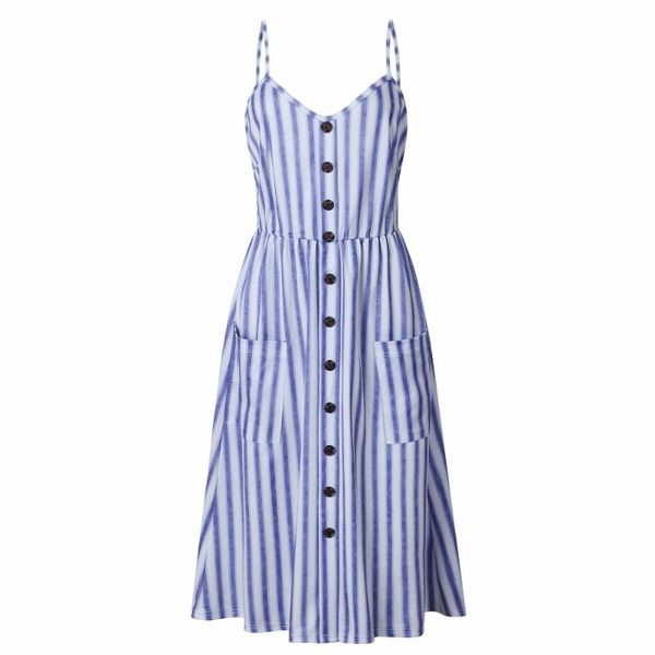 

women dress blue striped print v-neck bohemian summer 2021 woman sleeveless robe femme casual beach dresses, Black;gray