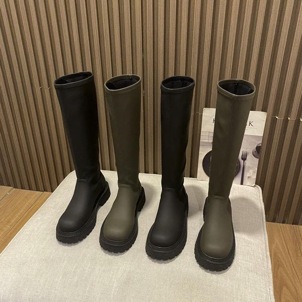 

boots women's rubber thigh high heels female shoes round toe rain over-the-knee ladies lolita leather, Black