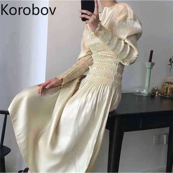 

korobov retro court style pleat solid temperament party dress high waist hip slim a line vestido spring puff long sleeve ropa 210430, Black;gray