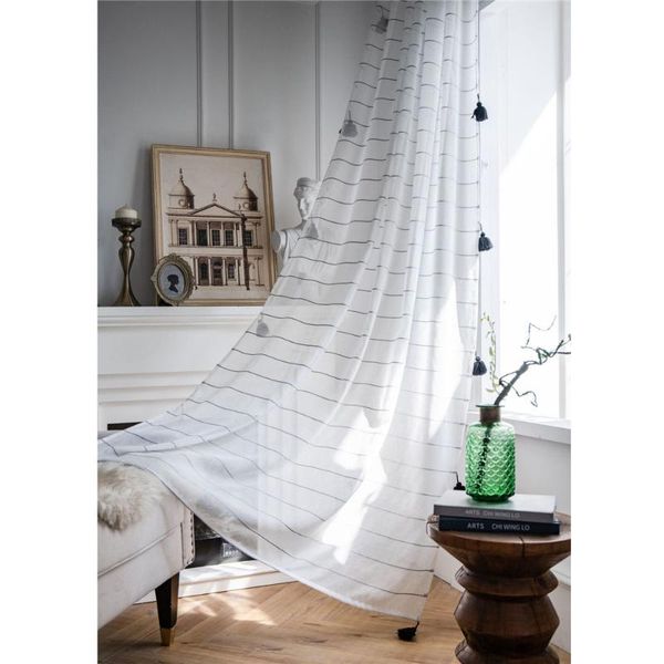 

curtain & drapes modern simple striped sheer black tassel decoration finished for living room home bedroom shower window