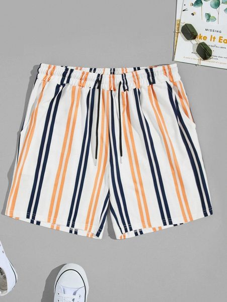 

men striped print drawstring waist shorts 18rv#, Black