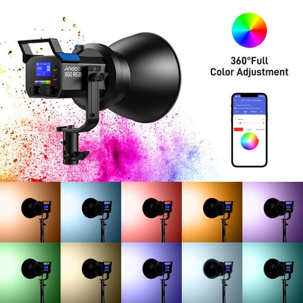 

flash heads andoer x60rgb 80w led video light rgb pography 2800k-10000k cri96+ tlci95+ dimmable for product portrait