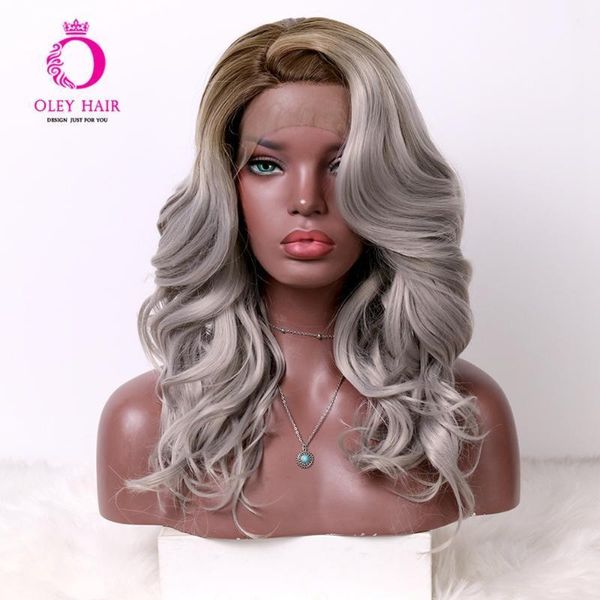 

hair brown and gray ombre color wavy side part synthetic lace front wig heat resistant daily for white/black women1