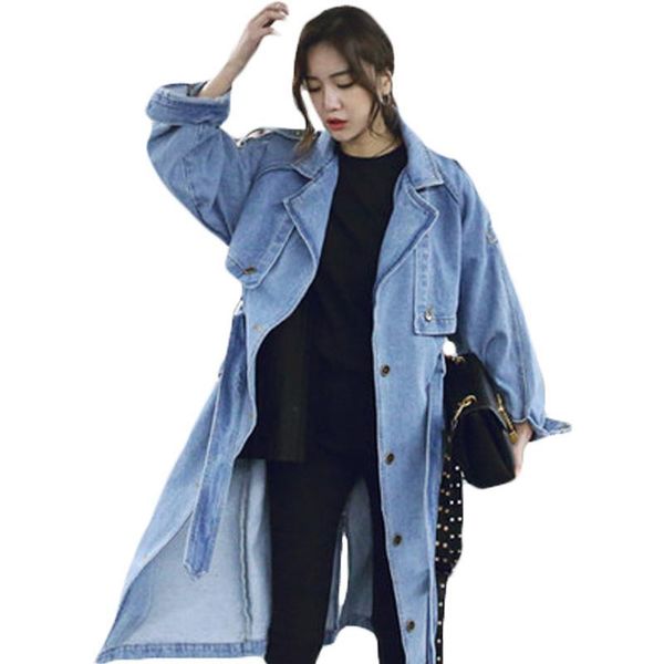 

women's trench coats spring autumn loose denim windbreak women personality jeans coat long sleeved single breasted outerwear with belt, Tan;black